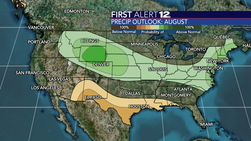 August has an equal chance to be either wetter than normal, drier than normal or near normal.