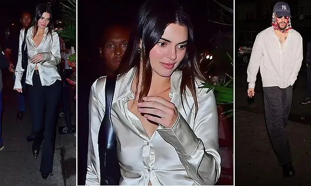 Kendall Jenner Rocks Unbuttoned Silk Shirt And Low Rise Pants On Date Night With Bad Bunny 