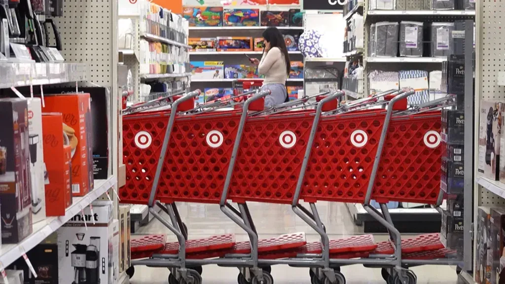 Shopping carts sit inside a Target store on August 16, 2023 in Chicago, Illinois.  