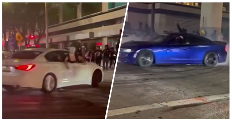 Street Takeover by Multiple Cars in Downtown Miami Caught on Camera