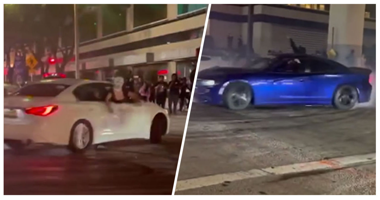 Street Takeover by Multiple Cars in Downtown Miami Caught on Camera