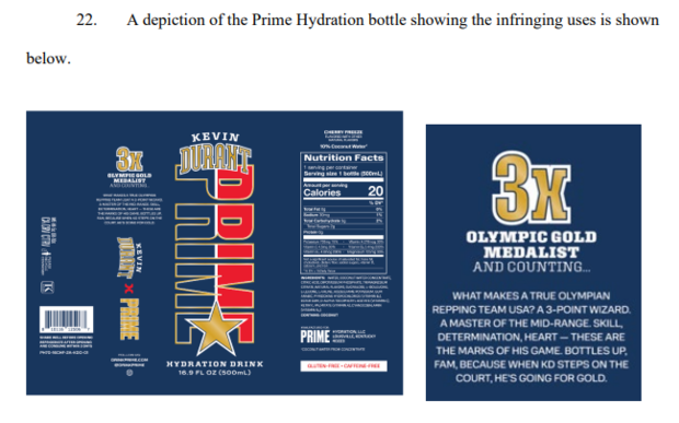 An excerpt of a federal lawsuit shows marketing material by PRIME, a beverage brand, that the U.S. Olympic Committee says infringes on their trademarks.
